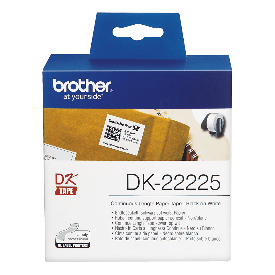 Orygnalna papierowa taśma ciągła DK-22225 firmy Brother - czarny nadruk na białym tle, 38mm. 2